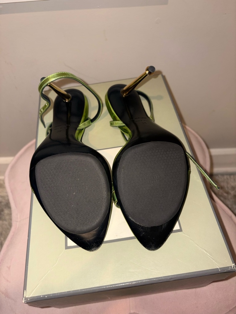 Tom Ford Metallic Acid Green Strappy Pointed-Toe Heels - Picture 5 of 6